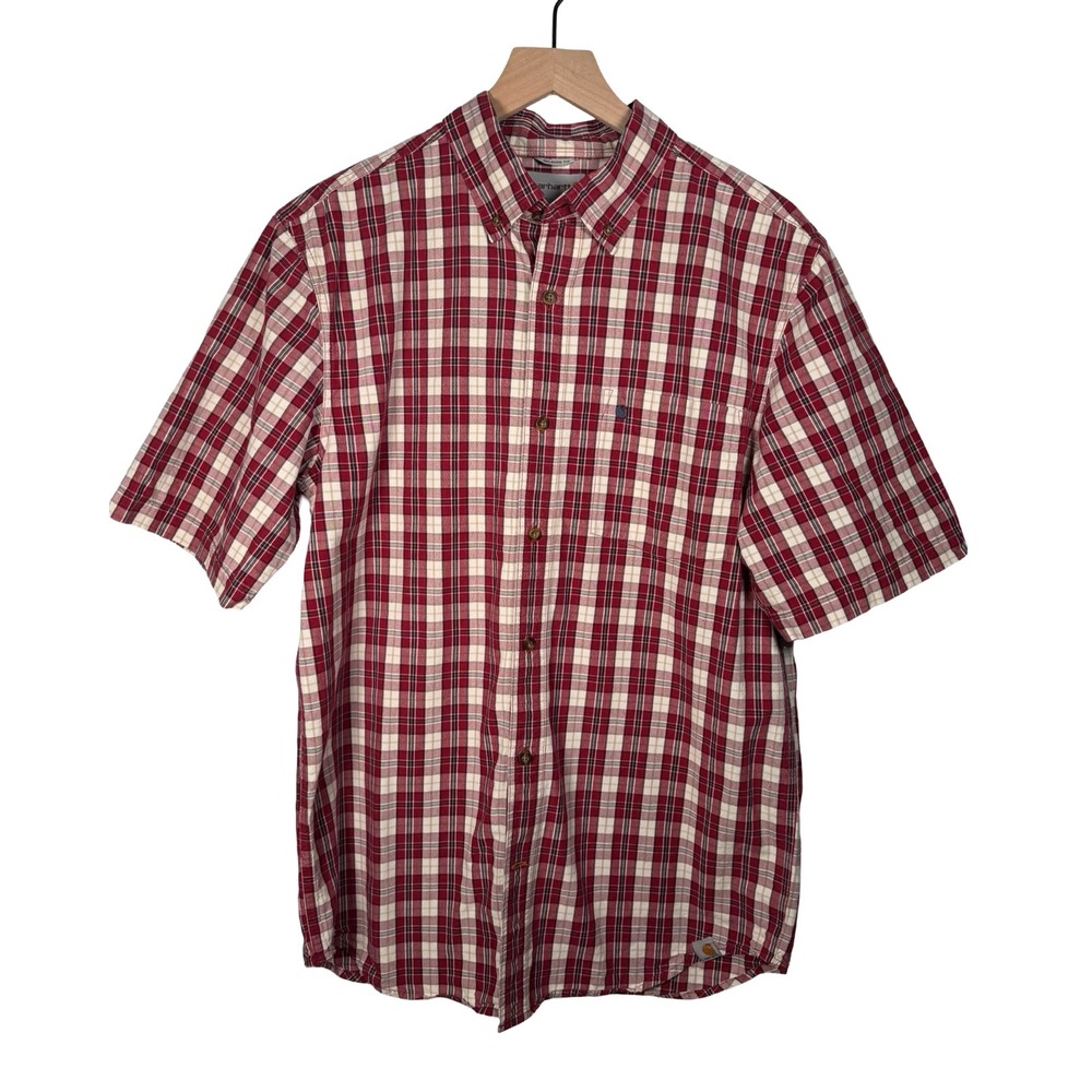 Carhartt Mens Relaxed Fit Plaid Short Sleeve Button Down Shirt Red White M - Picture 4 of 5